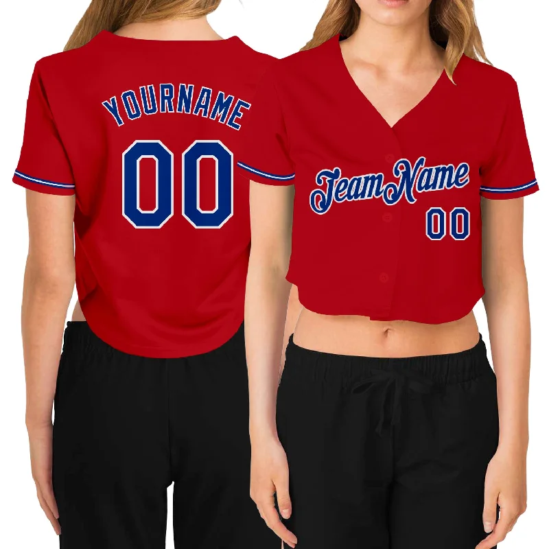 Customizable Baseball Jersey for School Teams-Custom Women's Red Royal-White V-Neck Cropped Baseball Jersey