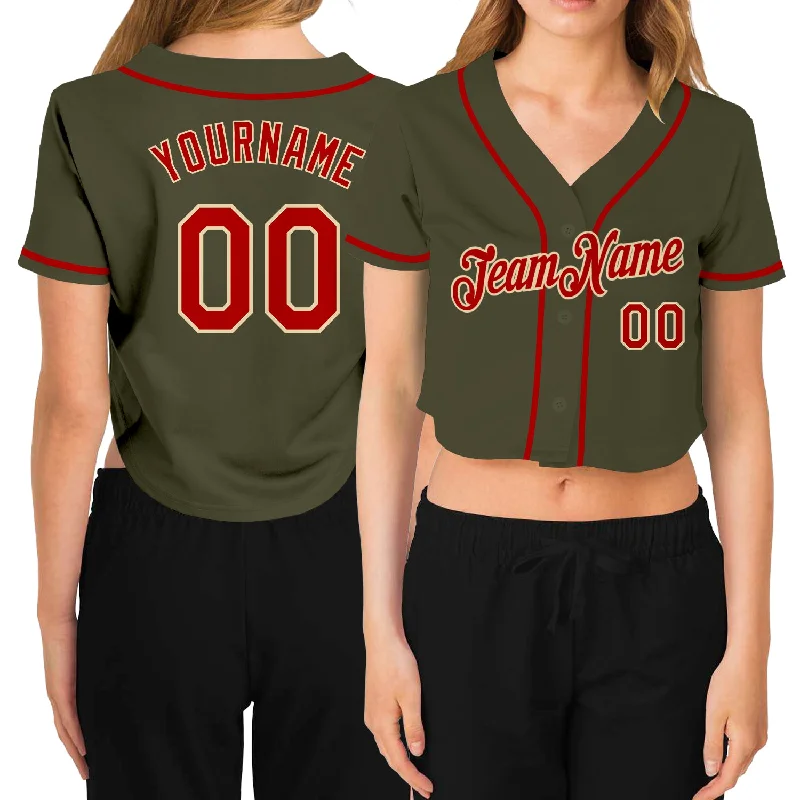 Officially Licensed Baseball Jersey for Fans-Custom Women's Olive Red-Cream Salute To Service V-Neck Cropped Baseball Jersey