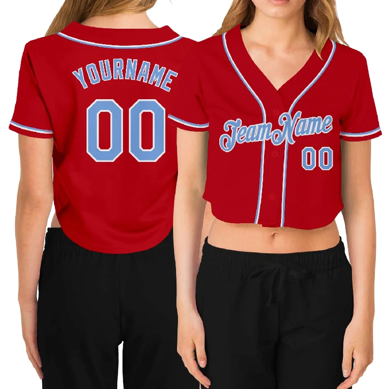 Cool and Comfortable Baseball Jersey for Training-Custom Women's Red Light Blue-White V-Neck Cropped Baseball Jersey