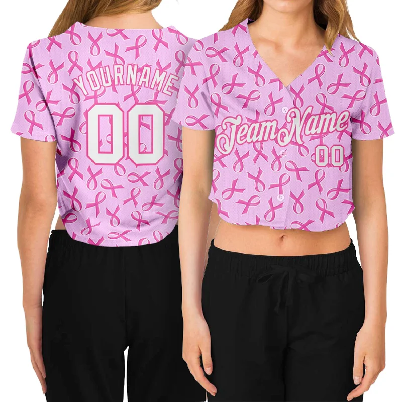 Comfortable Jersey for League Baseball Play-Custom Women's Pink White Breast Cancer 3D V-Neck Cropped Baseball Jersey