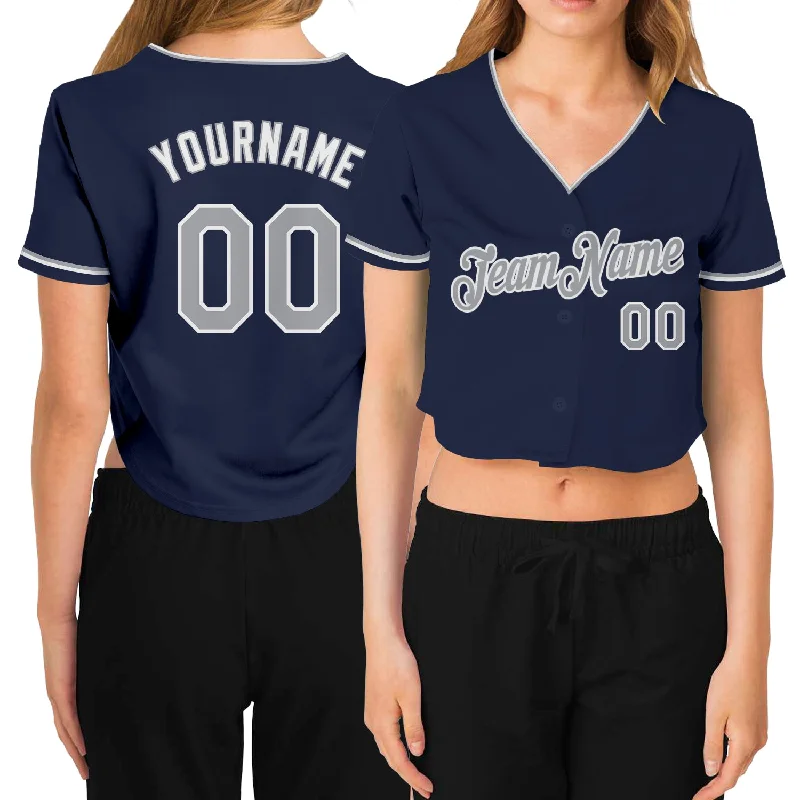 Baseball Jersey for Little League Players-Custom Women's Navy Gray-White V-Neck Cropped Baseball Jersey