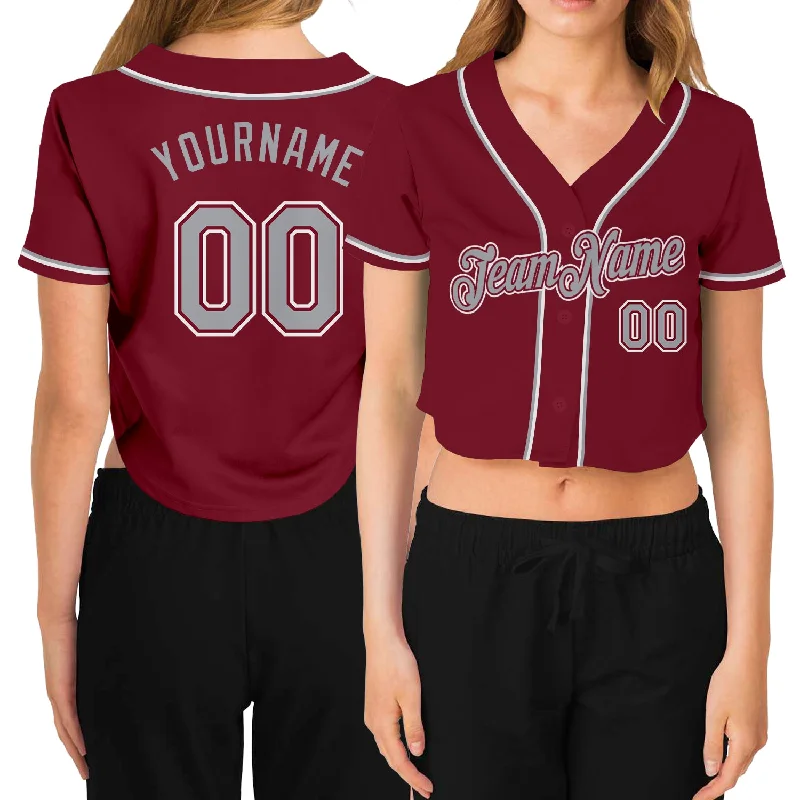 Trendy Baseball Jersey for Casual Wear-Custom Women's Crimson Gray-White V-Neck Cropped Baseball Jersey