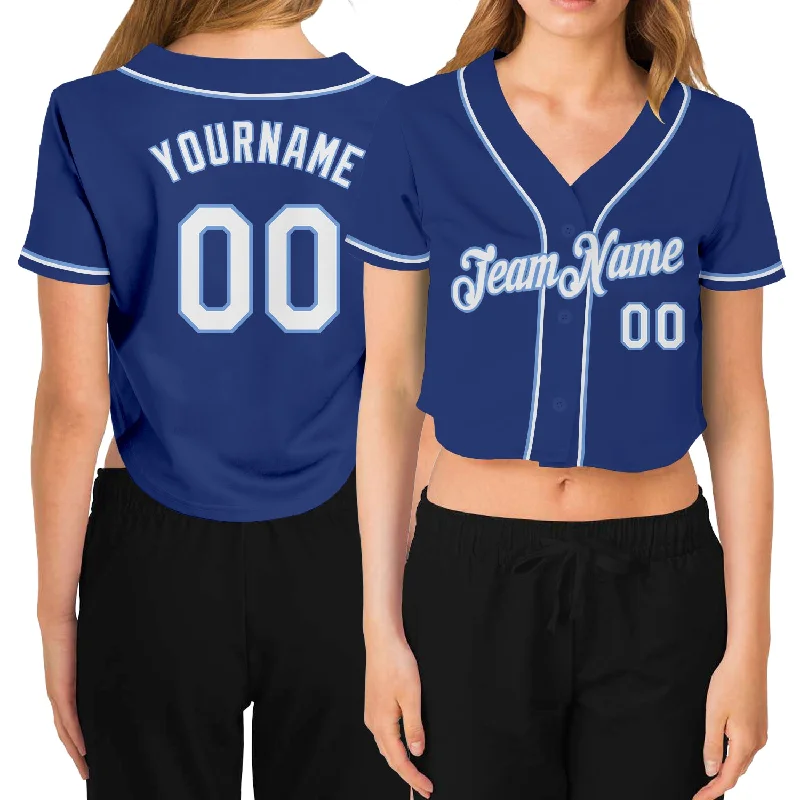 Baseball Jersey with Personalized Name and Number-Custom Women's Royal White-Light Blue V-Neck Cropped Baseball Jersey