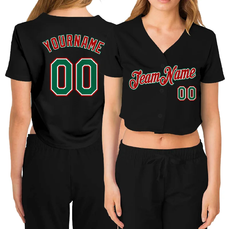 Baseball Jersey for Family Events and Gatherings-Custom Women's Black Kelly Green Red-White V-Neck Cropped Baseball Jersey