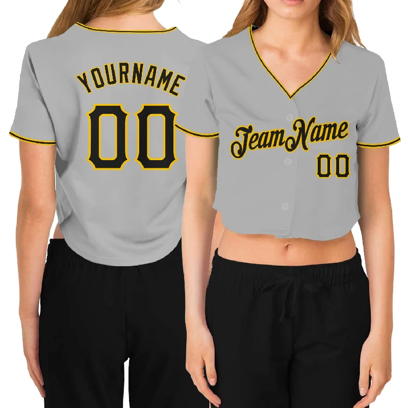 Full Button Baseball Jersey for Traditional Style-Custom Women's Gray Black-Gold V-Neck Cropped Baseball Jersey