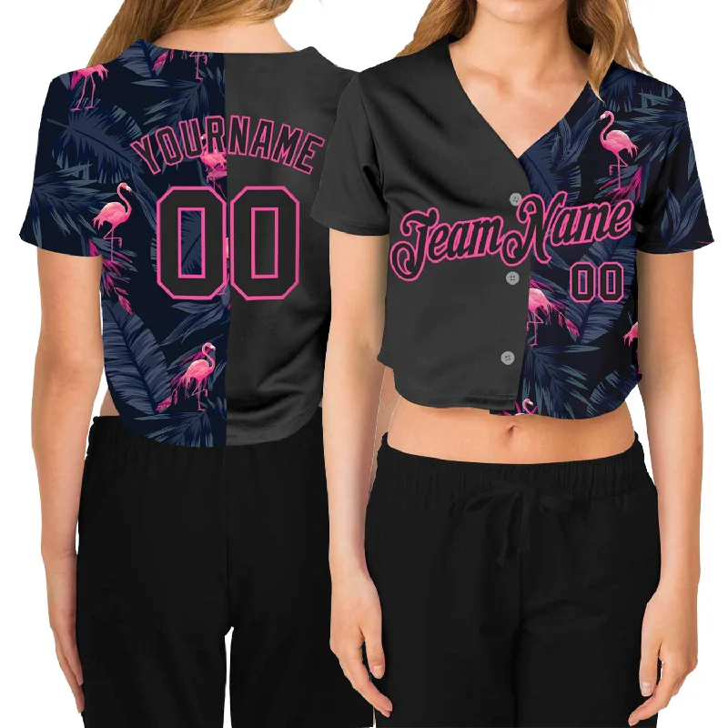 Soft Polyester Baseball Jersey for Active Play-Custom Women's Black Black-Pink Flamingo 3D V-Neck Cropped Baseball Jersey