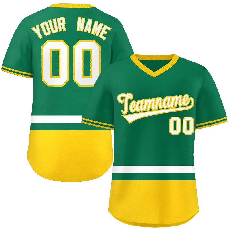 Lightweight Baseball Jersey for Easy Movement-Custom Kelly Green White-Gold Color Block Personalized V-Neck Authentic Pullover Baseball Jersey