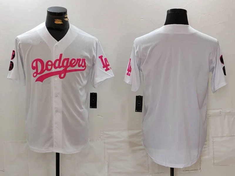 Soft Cotton Baseball Jersey for Everyday Outfits-Los Angeles Dodgers Team Big Logo White Pink Vin & Kobe Patch Stitched Baseball Jersey