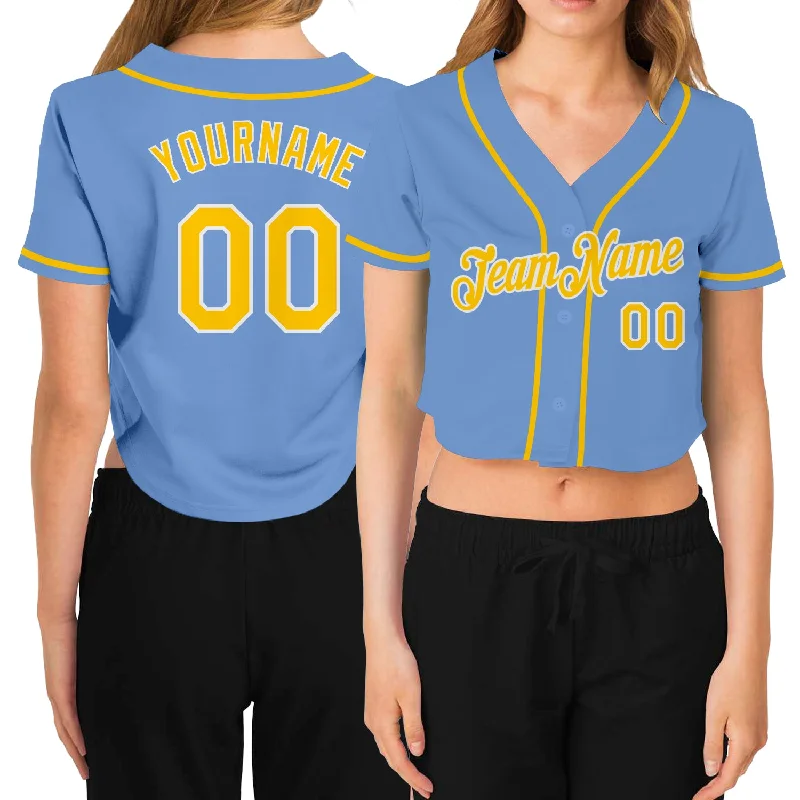 Performance Baseball Jersey for Athletes-Custom Women's Light Blue Gold-White V-Neck Cropped Baseball Jersey