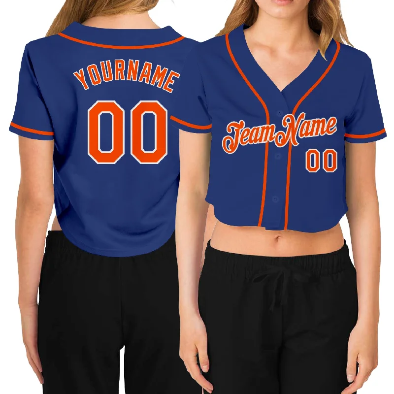 Lightweight Baseball Jersey for Easy Movement-Custom Women's Royal Orange-White V-Neck Cropped Baseball Jersey