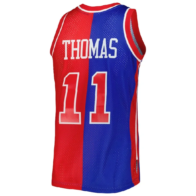 Stylish Basketball Jersey with Bold Patterns and Colors-D.Pistons #11 Isaiah Thomas Mitchell & Ness Hardwood Classics 1988-89 Split Swingman Jersey Blue Red Stitched American Basketball Jersey