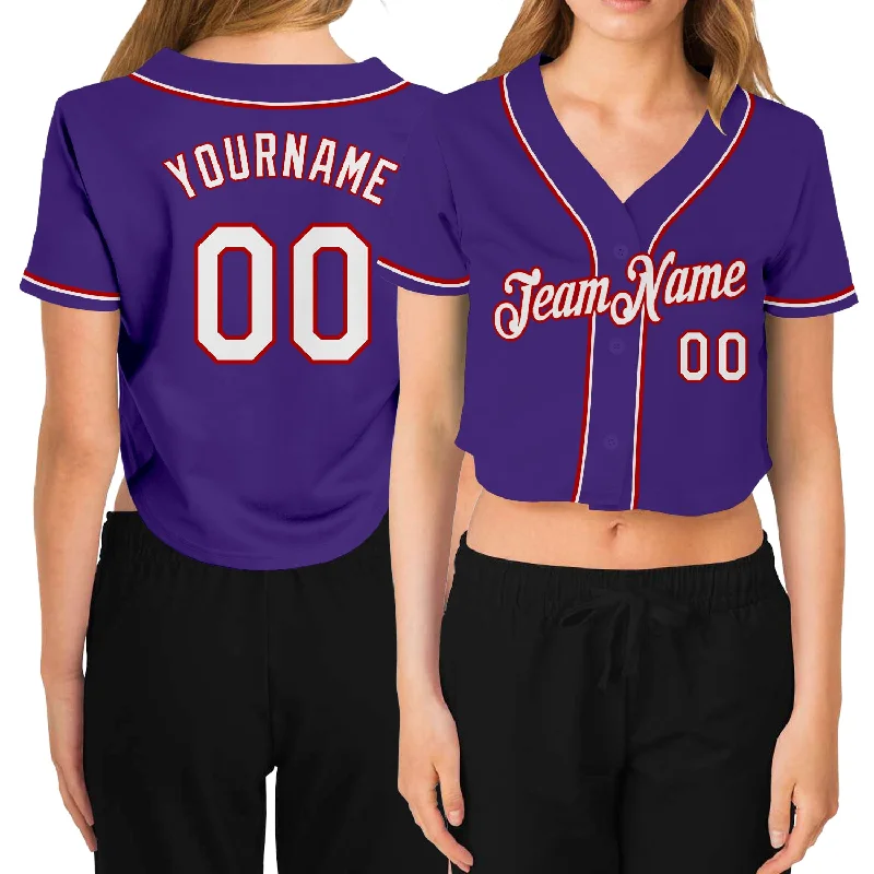 Comfortable Baseball Jersey for Practice Sessions-Custom Women's Purple White-Red V-Neck Cropped Baseball Jersey