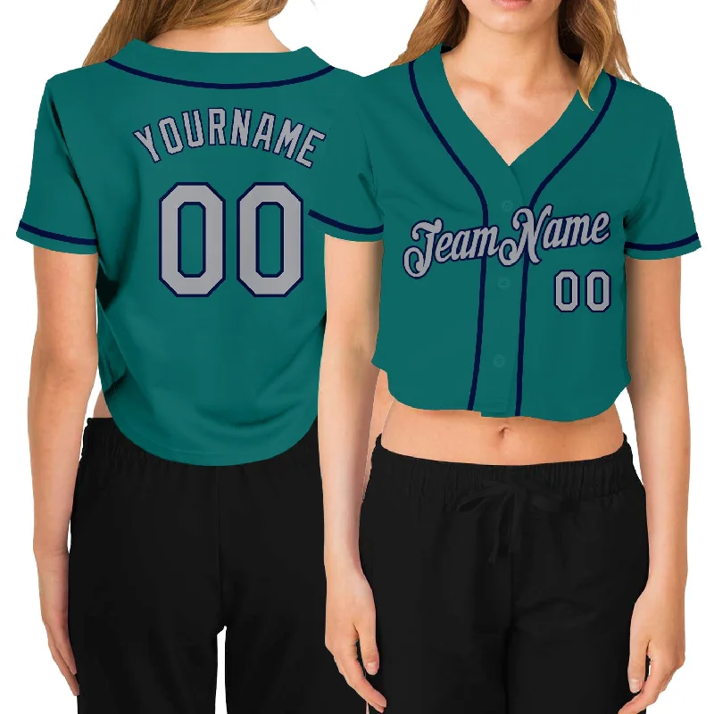 Premium Baseball Jersey for Sports Enthusiasts-Custom Women's Aqua Gray-Navy V-Neck Cropped Baseball Jersey