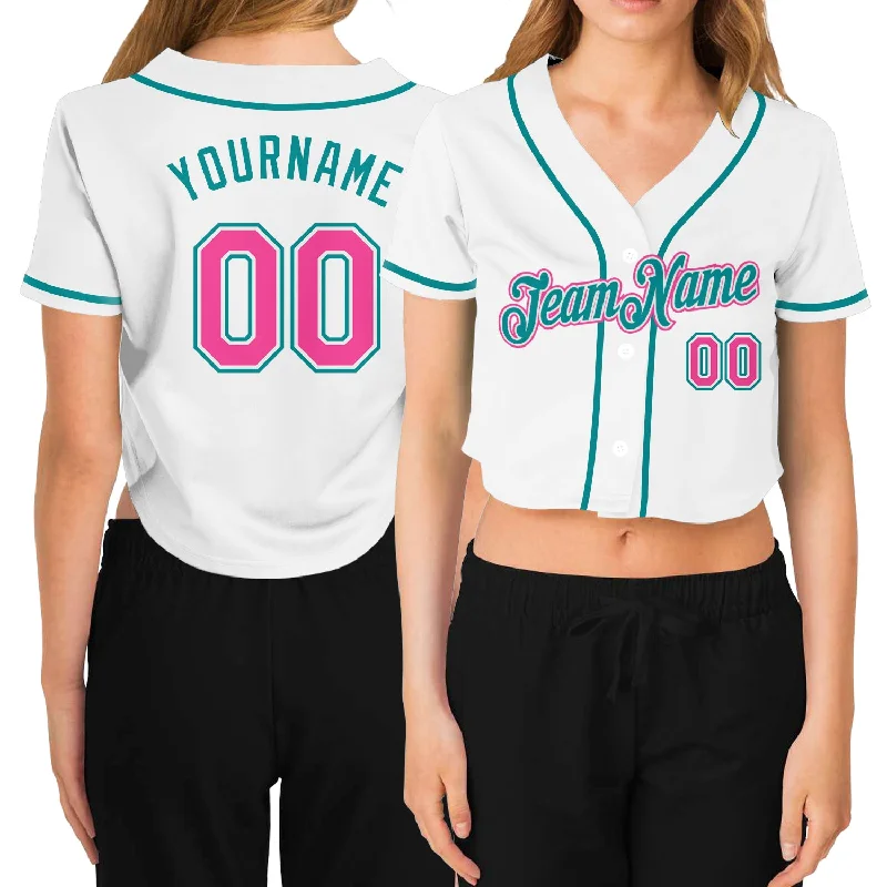 Personalized Baseball Jersey for Special Events-Custom Women's White Pink-Aqua V-Neck Cropped Baseball Jersey