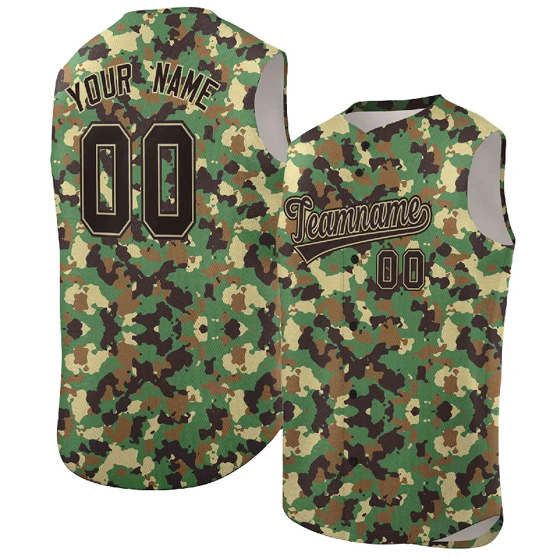 Baseball Jersey with Team Mascot Logo-Custom Khaki Green-Brown Camo Fashion Authentic Sleeveless Baseball Jersey