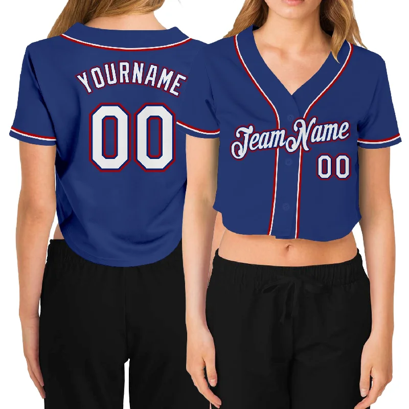 Soft Baseball Jersey for Summer Wear-Custom Women's Royal White-Red V-Neck Cropped Baseball Jersey