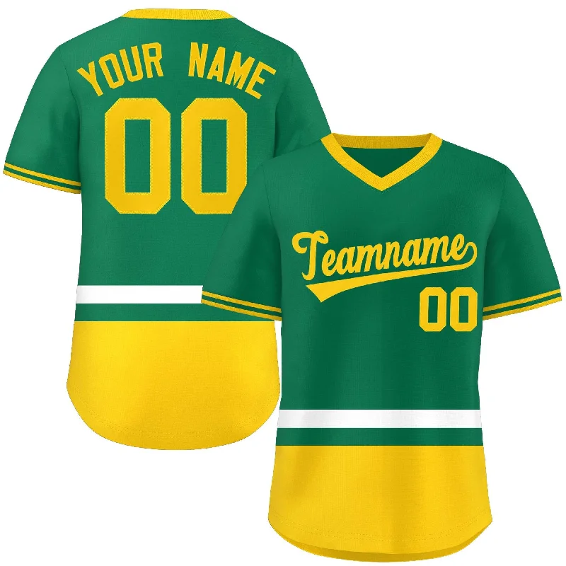 Customizable Baseball Jersey for Coaches-Custom Kelly Green White-Gold Color Block Personalized V-Neck Authentic Pullover Baseball Jersey