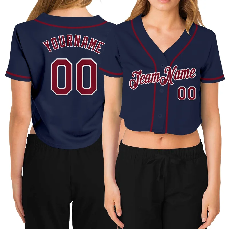 Stylish Baseball Jersey for On-the-Go Players-Custom Women's Navy Crimson-White V-Neck Cropped Baseball Jersey