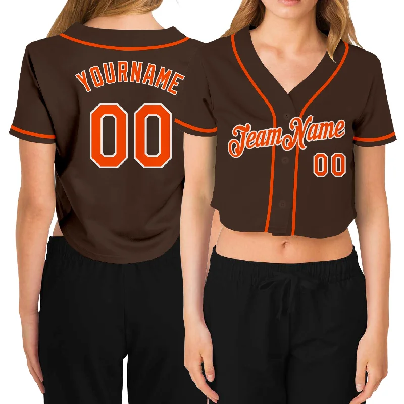 Official Team Baseball Jersey for Supporters-Custom Women's Brown Orange-White V-Neck Cropped Baseball Jersey