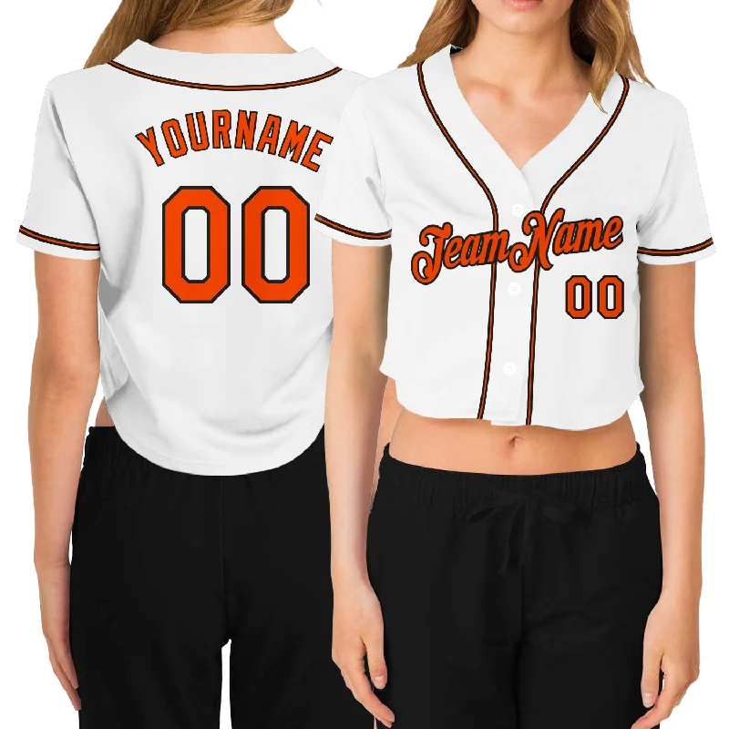 Stylish Throwback Baseball Jersey for Nostalgic Fans-Custom Women's White Orange-Black V-Neck Cropped Baseball Jersey