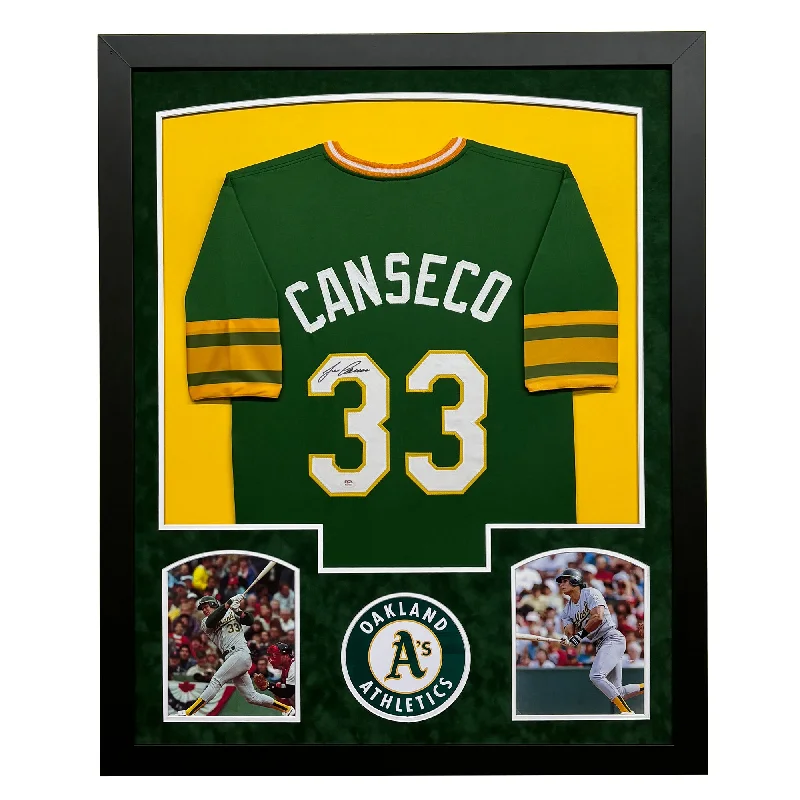 Long Sleeve Baseball Jersey for Cooler Weather-Jose Canseco Signed Green Custom Suede Matte Framed Baseball Jersey