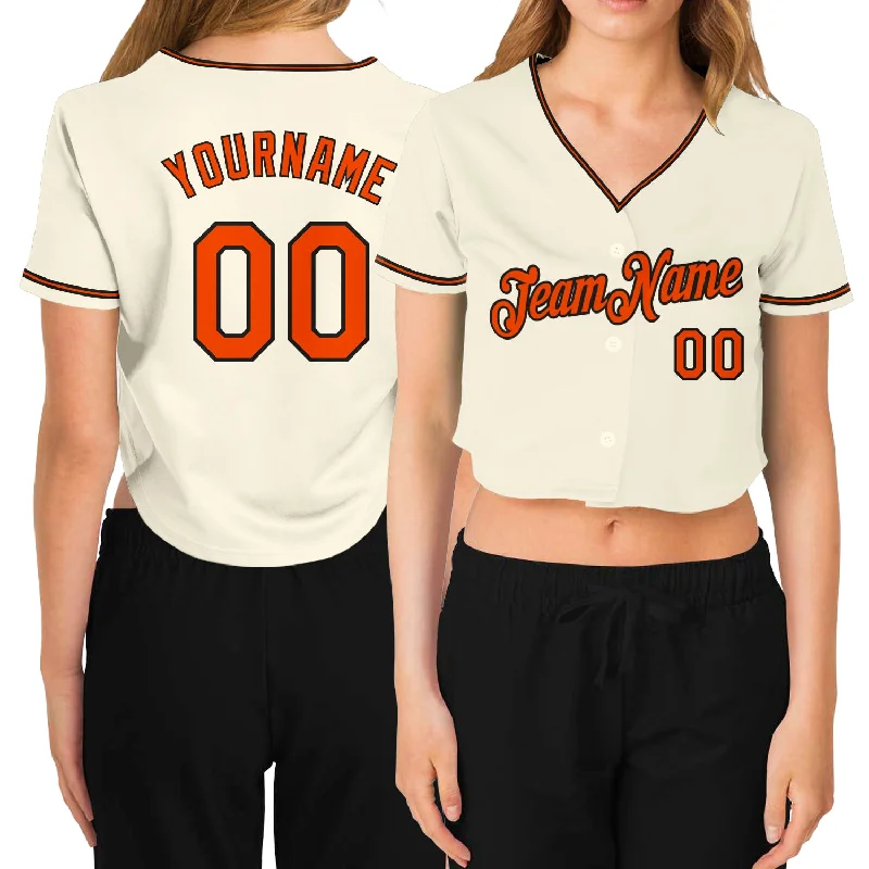 Soft Baseball Jersey for Warm Weather Play-Custom Women's Cream Orange-Black V-Neck Cropped Baseball Jersey