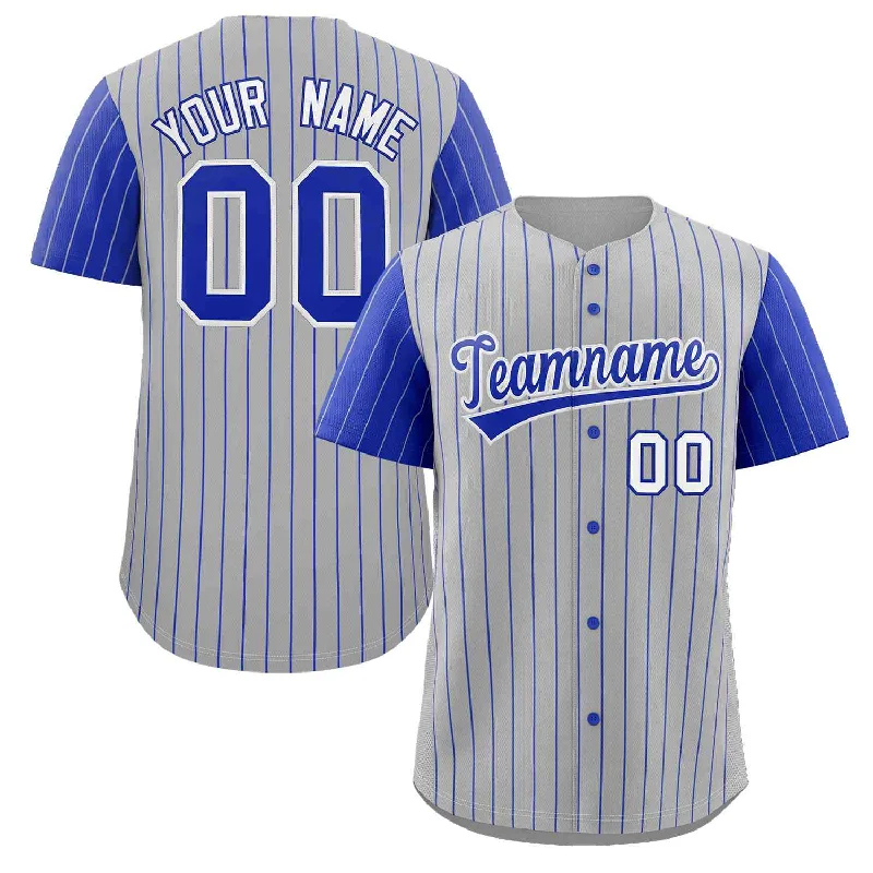 Custom Logo Baseball Jersey for Club Teams-Custom Gray Royal-White Stripe Fashion Raglan Sleeves Authentic Baseball Jersey