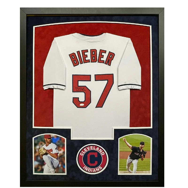 Official Team Baseball Jersey for Supporters-Shane Bieber Signed Cleveland White Custom Suede Matte Framed Baseball Jersey (JSA)