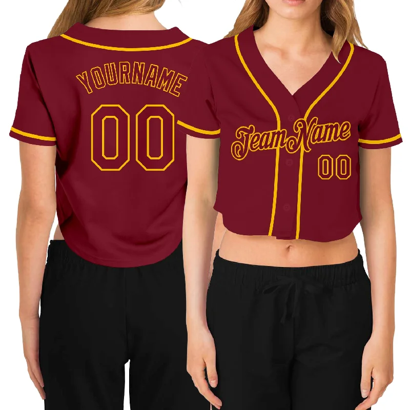 All-Black Baseball Jersey for a Bold Look-Custom Women's Crimson Crimson-Gold V-Neck Cropped Baseball Jersey