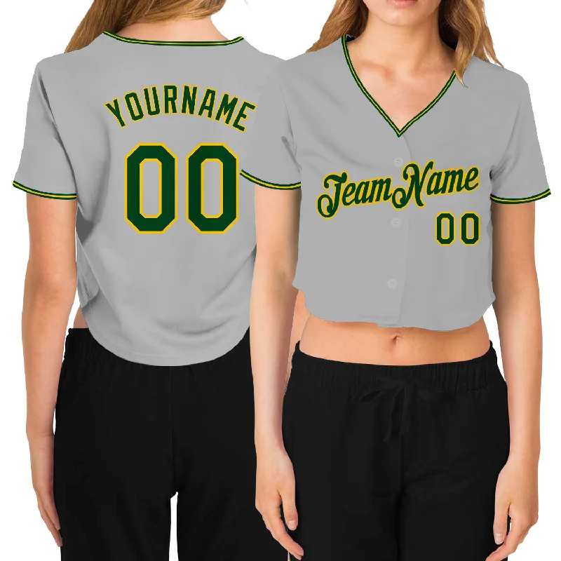 Stylish Baseball Jersey for On-the-Go Players-Custom Women's Gray Green-Gold V-Neck Cropped Baseball Jersey