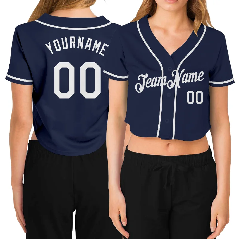 Custom Baseball Jersey for Team Players-Custom Women's Navy White V-Neck Cropped Baseball Jersey