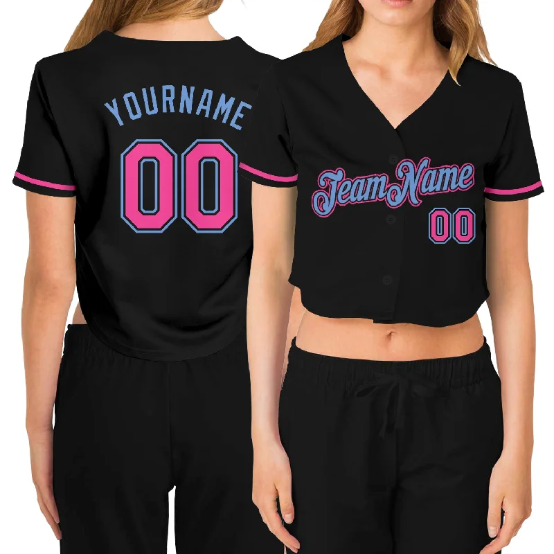 Trendy Baseball Jersey for Casual Wear-Custom Women's Black Pink-Light Blue V-Neck Cropped Baseball Jersey