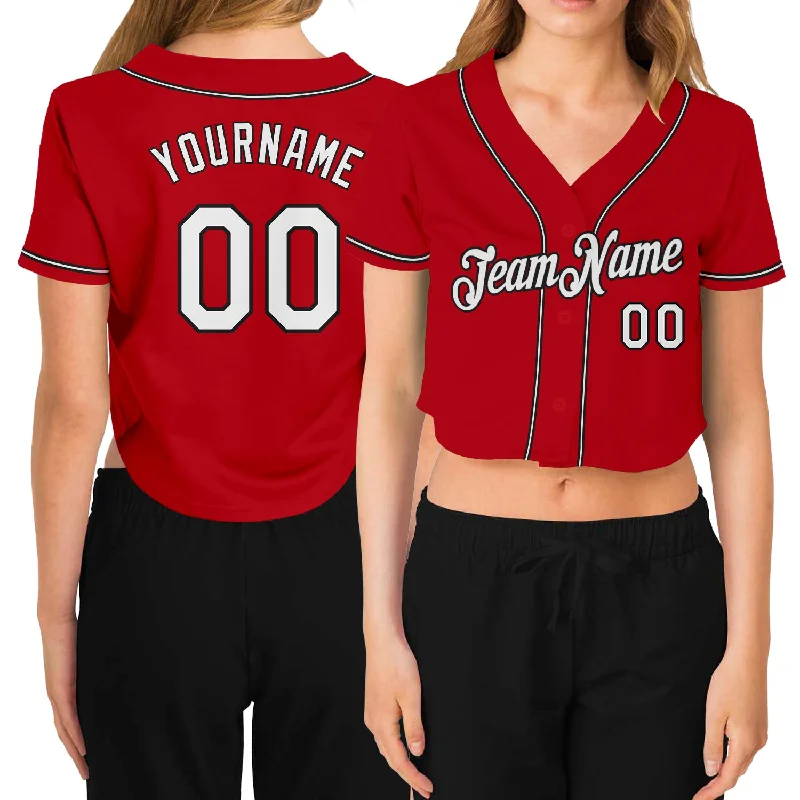 Team Baseball Jersey for Group Sports-Custom Women's Red White-Black V-Neck Cropped Baseball Jersey