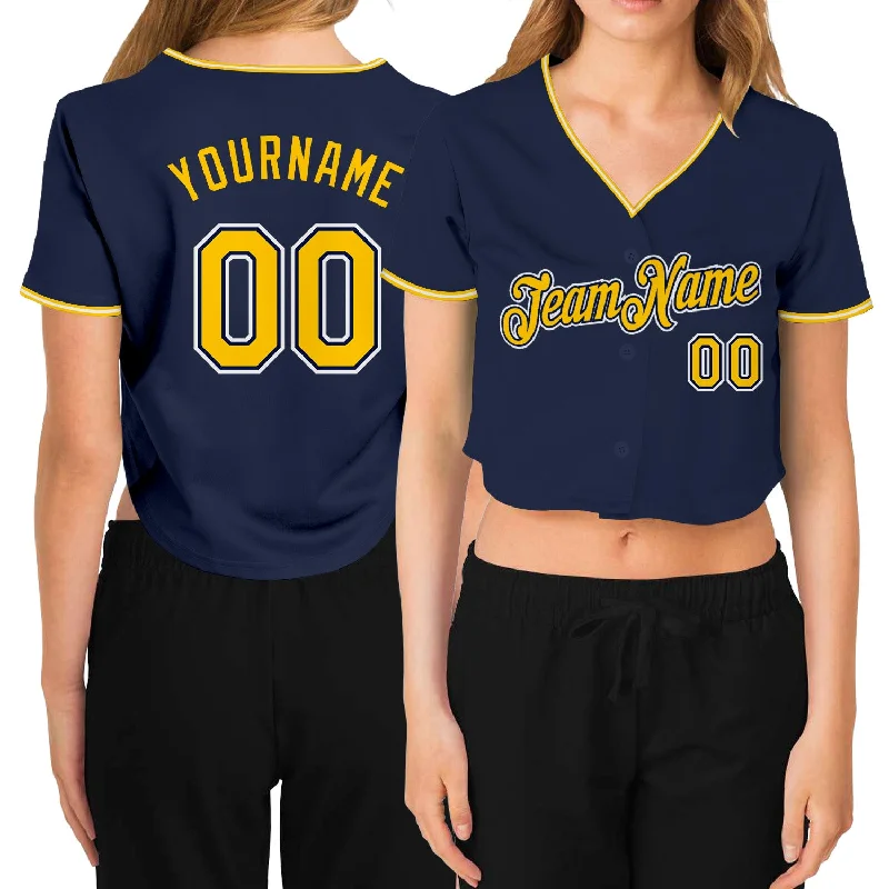 Youth Baseball Jersey with Personalized Design-Custom Women's Navy Gold-White V-Neck Cropped Baseball Jersey