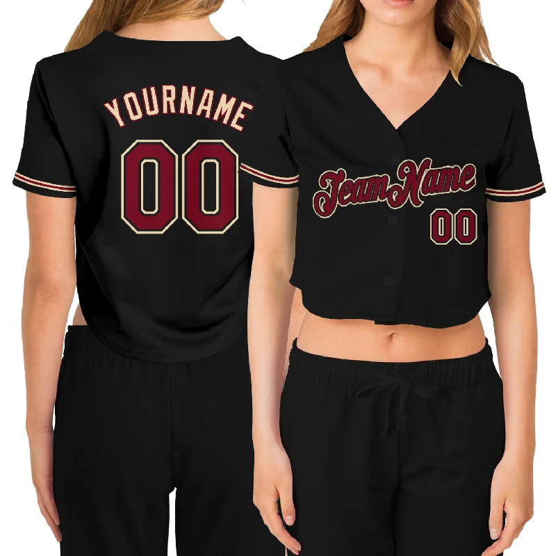 Casual Baseball Jersey for Everyday Comfort-Custom Women's Black Crimson-City Cream V-Neck Cropped Baseball Jersey