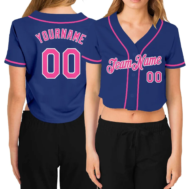 Customizable Baseball Jersey for Coaches-Custom Women's Royal Pink-White V-Neck Cropped Baseball Jersey