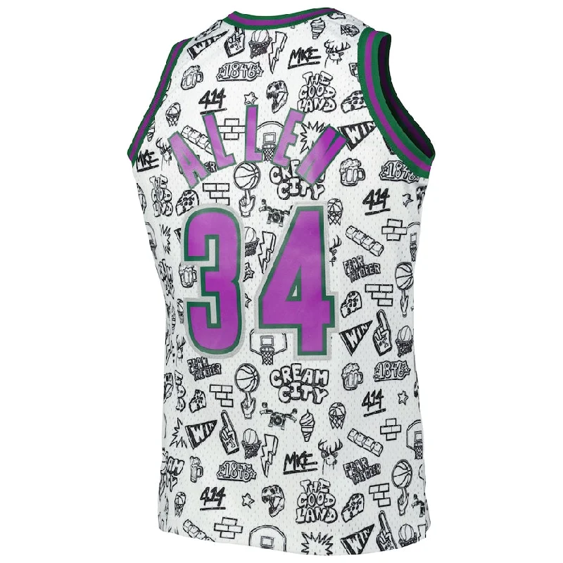 Durable Basketball Jersey for Outdoor Play-M.Bucks #34 Ray Allen Mitchell & Ness 2000-01 Hardwood Classics Doodle Swingman Jersey White Stitched American Basketball Jersey