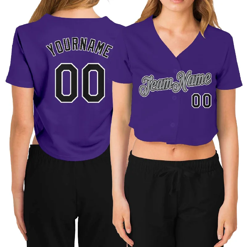 Colorful Baseball Jersey for Fun Outfits-Custom Women's Purple Black White-Gray V-Neck Cropped Baseball Jersey