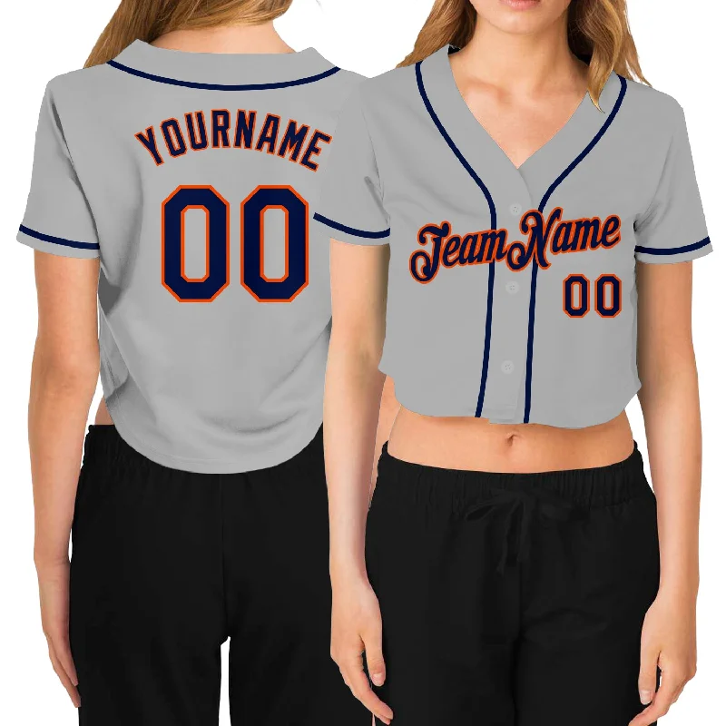 Youth Baseball Jersey for Kids and Teens-Custom Women's Gray Navy-Orange V-Neck Cropped Baseball Jersey