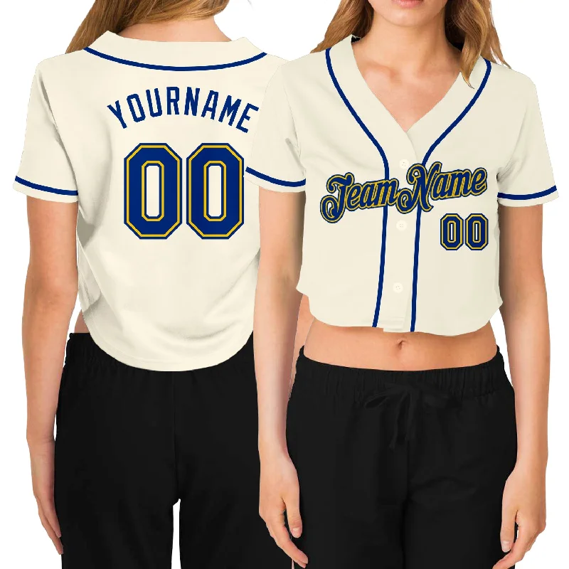 Sleeveless Baseball Jersey for Hot Days-Custom Women's Cream Royal-Gold V-Neck Cropped Baseball Jersey