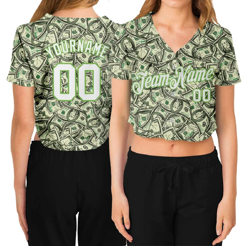 Personalized Baseball Jersey for Men and Women-Custom Women's Green White-Neon Green Dollar 3D V-Neck Cropped Baseball Jersey