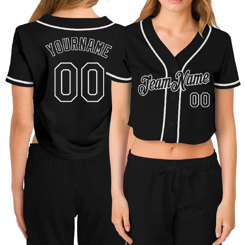 Officially Licensed Baseball Jersey for Fans-Custom Women's Black Black-White V-Neck Cropped Baseball Jersey