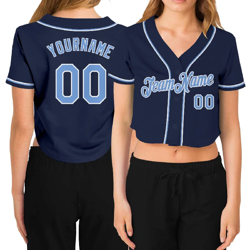 Custom Printed Baseball Jersey for Special Teams-Custom Women's Navy Light Blue-White V-Neck Cropped Baseball Jersey