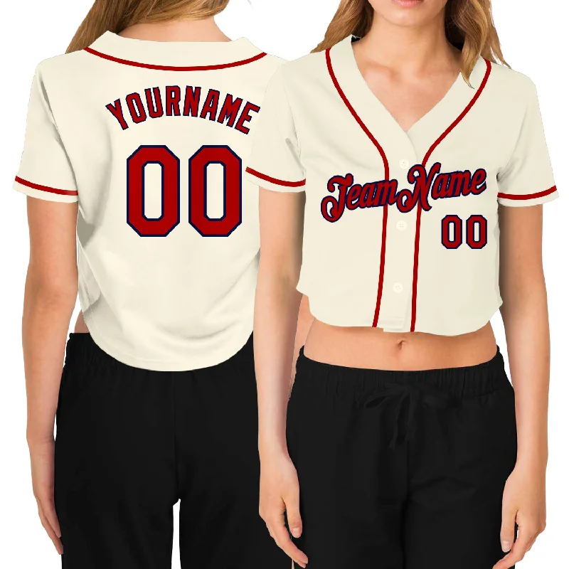 Baseball Jersey with Team Mascot Logo-Custom Women's Cream Red-Navy V-Neck Cropped Baseball Jersey