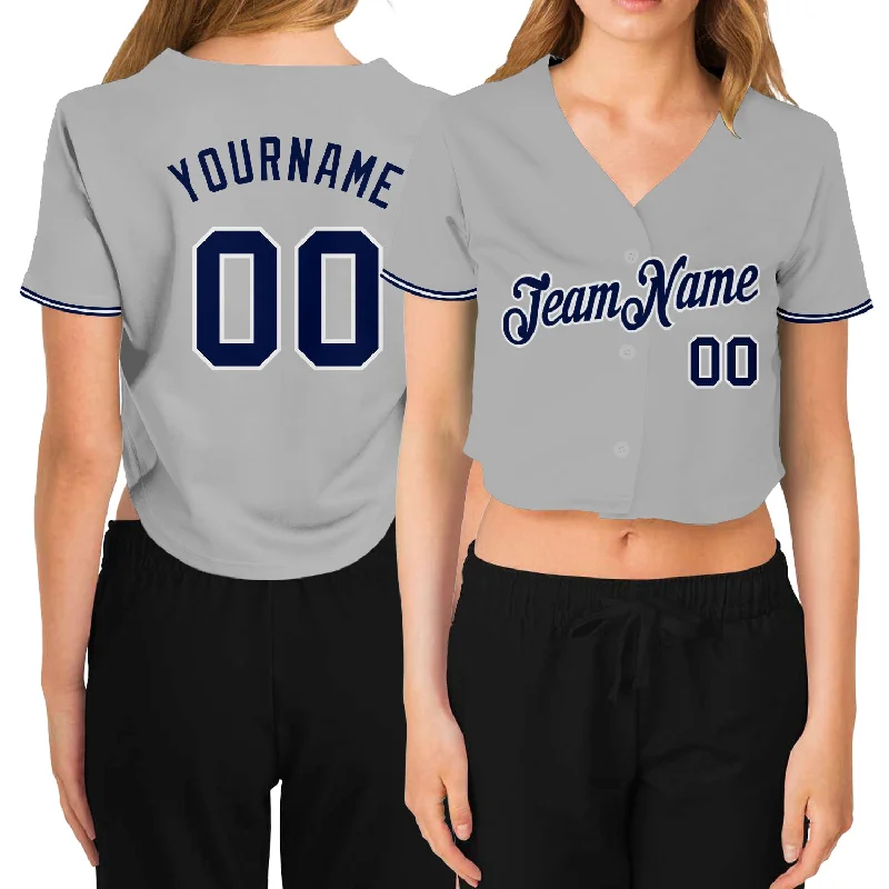 Custom Baseball Jersey for Team Players-Custom Women's Gray Navy-White V-Neck Cropped Baseball Jersey