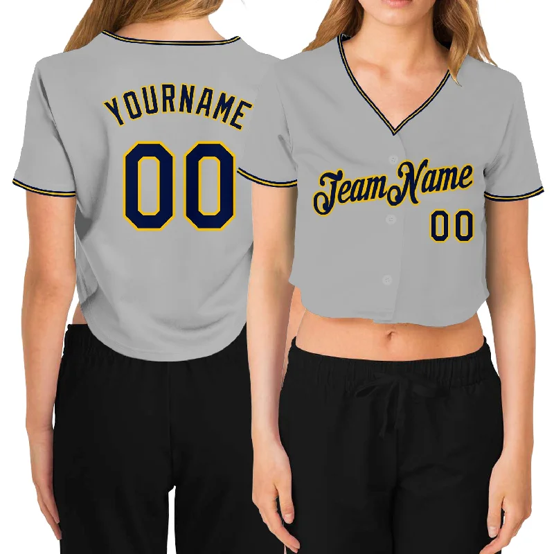 Stylish Mesh Baseball Jersey for Easy Movement-Custom Women's Gray Navy-Gold V-Neck Cropped Baseball Jersey