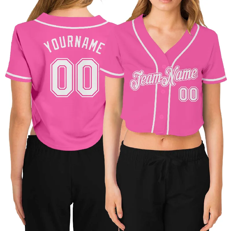 Trendy Baseball Jersey for Casual Wear-Custom Women's Pink White V-Neck Cropped Baseball Jersey