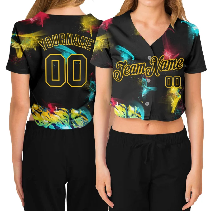 Customizable Baseball Jersey for School Teams-Custom Women's Graffiti Pattern Black-Gold 3D V-Neck Cropped Baseball Jersey