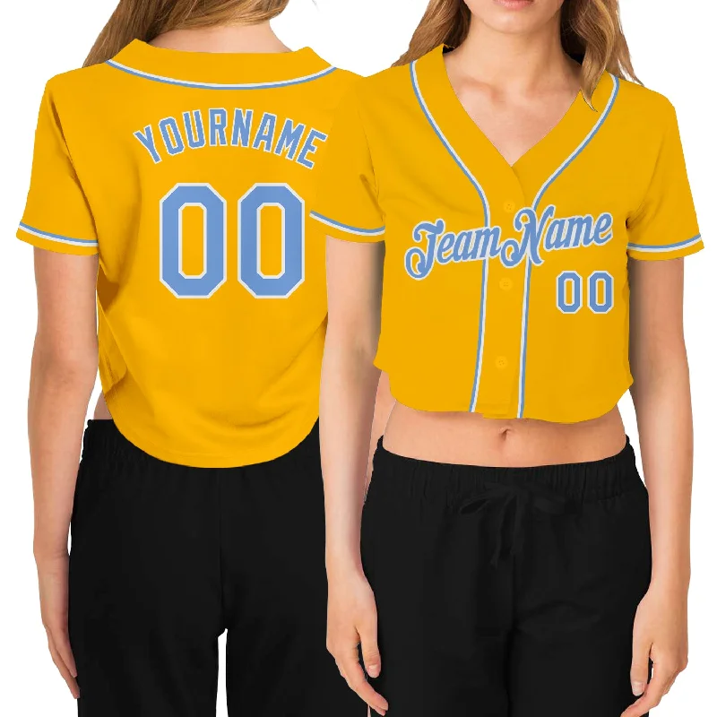 Baseball Jersey for Casual Everyday Wear-Custom Women's Gold Light Blue-White V-Neck Cropped Baseball Jersey