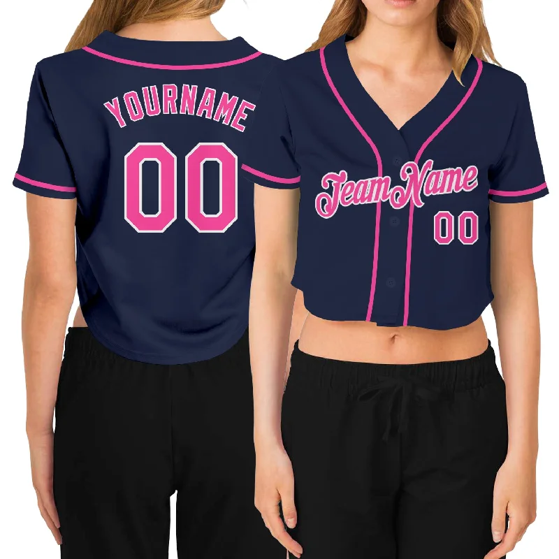 Comfortable Fitted Baseball Jersey for Active Use-Custom Women's Navy Pink-White V-Neck Cropped Baseball Jersey